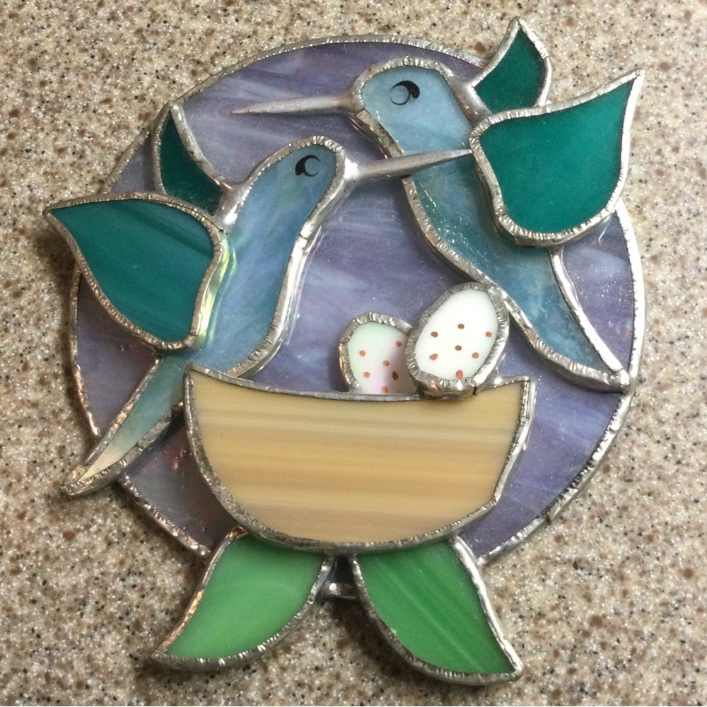 Stained Glass Hummingbird Nest Suncatcher - Blue & Green